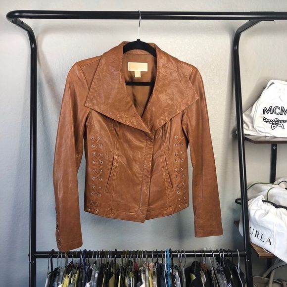 MICHAEL kors whipstitch cognac leather moto jacket - Picture 1 of 10